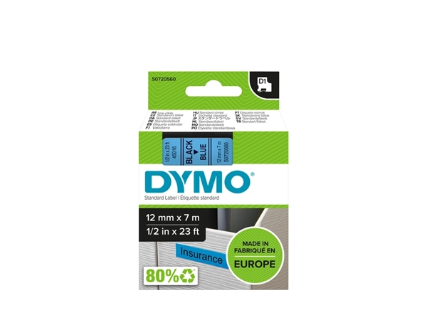 Een Labeltape Dymo LabelManager D1 polyester 12mm zwart op blauw koop je bij VHK Kantoorartikelen