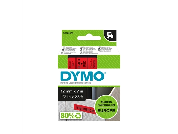 Een Labeltape Dymo LabelManager D1 polyester 12mm zwart op rood koop je bij VHK Kantoorartikelen