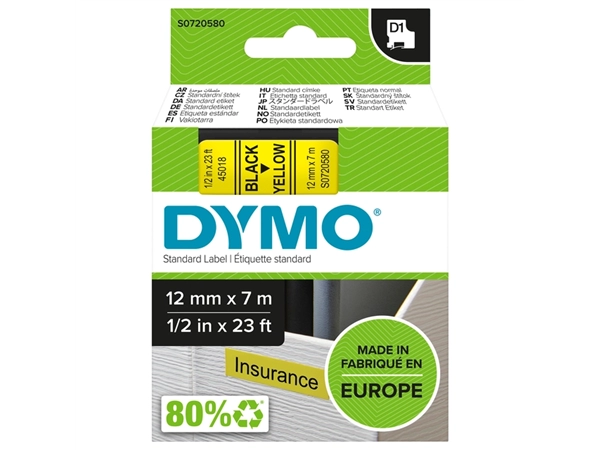 Een Labeltape Dymo LabelManager D1 polyester 12mm zwart op geel koop je bij VHK Kantoorartikelen