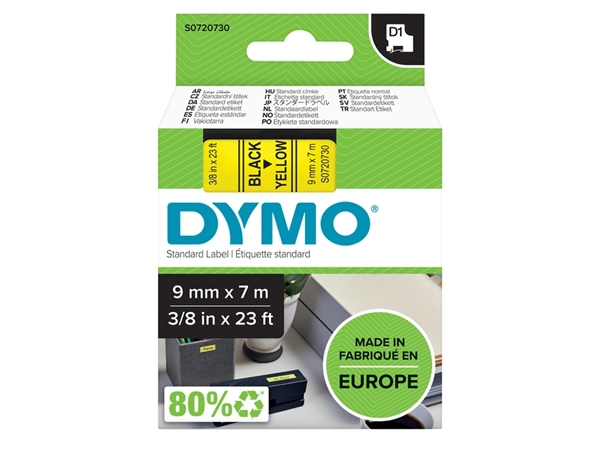 Een Labeltape Dymo LabelManager D1 polyester 9mm zwart op geel koop je bij VHK Kantoorartikelen