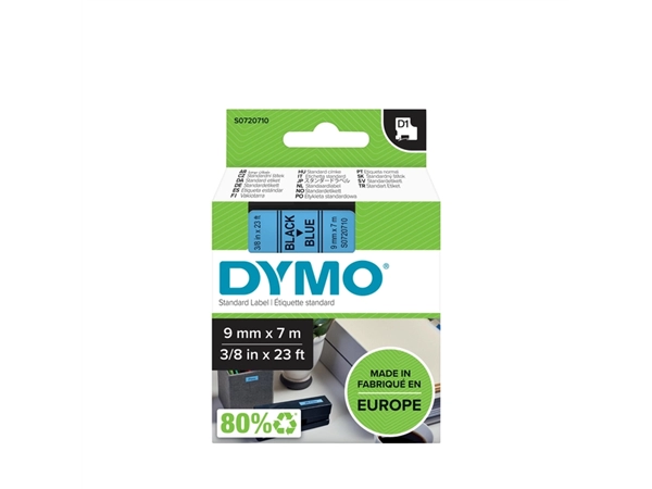 Een Labeltape Dymo LabelManager D1 polyester 9mm zwart op blauw koop je bij VHK Kantoorartikelen