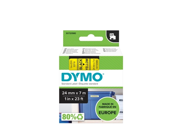 Een Labeltape Dymo LabelManager D1 polyester 24mm zwart op geel koop je bij VHK Kantoorartikelen