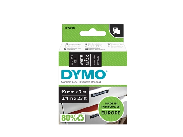 Een Labeltape Dymo LabelManager D1 polyester 19mm wit op zwart koop je bij VHK Kantoorartikelen