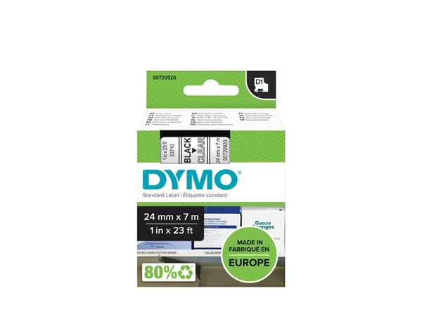 Een Labeltape Dymo LabelManager D1 polyester 24mm zwart op transparant koop je bij VHK Kantoorartikelen