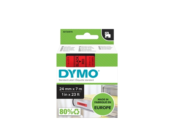 Een Labeltape Dymo LabelManager D1 polyester 24mm zwart op rood koop je bij VHK Kantoorartikelen