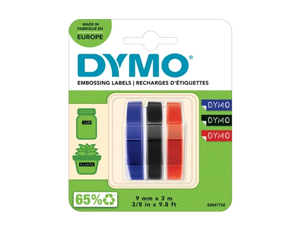 Een Reliëftape Dymo embossing vinyl 9mm assorti 3 stuks koop je bij Hoekmankantoorartikelen.nl