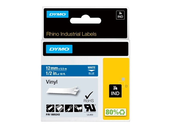 Een Labeltape Dymo Rhino industrieel vinyl 12mm wit op blauw koop je bij VHK Kantoorartikelen