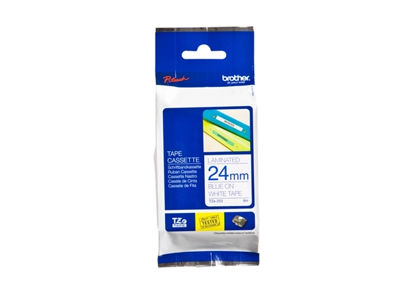 Een Labeltape Brother P-touch TZe-253 standaard 24mm blauw op wit koop je bij Clippz! Office Supplies