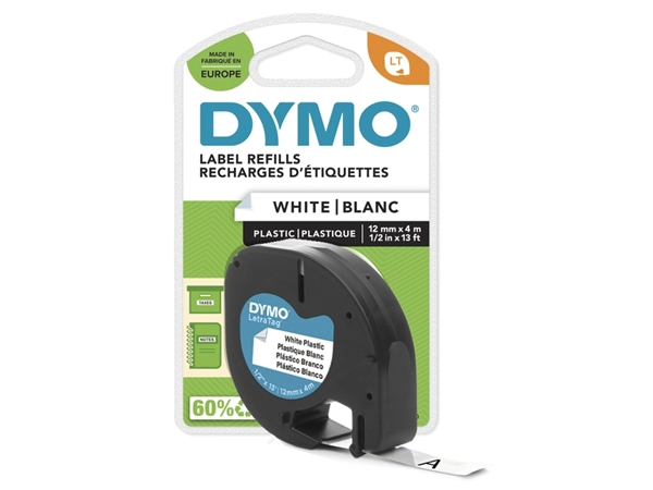 Een Labeltape Dymo LetraTag plastic 12mm zwart op wit koop je bij VHK Kantoorartikelen