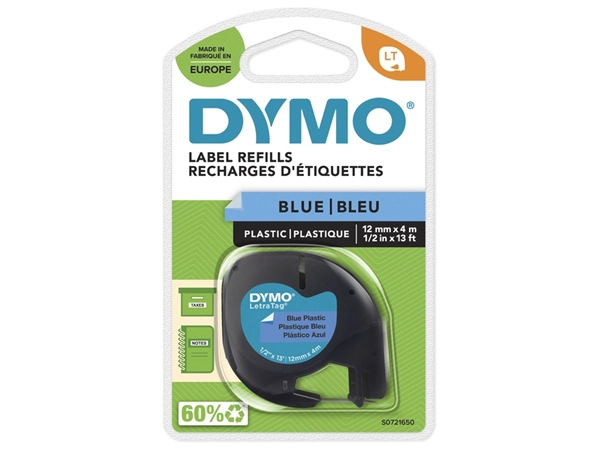 Een Labeltape Dymo LetraTag plastic 12mm zwart op blauw koop je bij VHK Kantoorartikelen