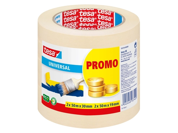 Een Afplaktape tesa® Economy 2x 50mx30mm, 2x 50mx19mm promopack koop je bij Hoekmankantoorartikelen.nl