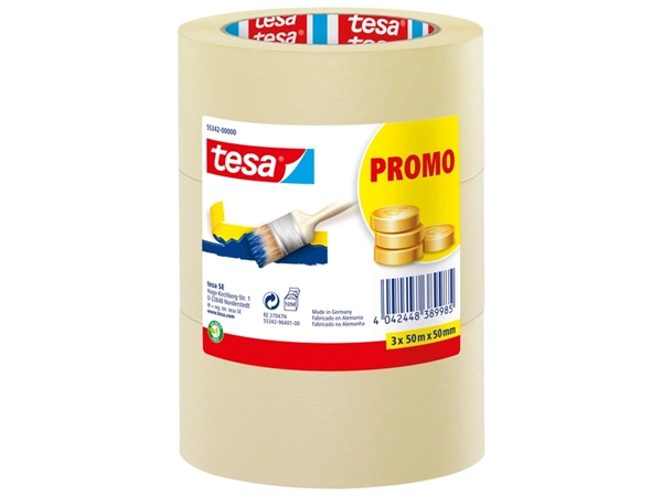 Een Afplaktape tesa® Economy 50mmx50m geel 3 rollen koop je bij Hoekmankantoorartikelen.nl