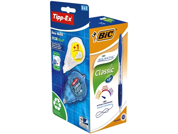 Een Balpen BIC Atlantis + gratis Tipp-Ex easy medium blauw doos à 12 stuks koop je bij VHK Kantoorartikelen