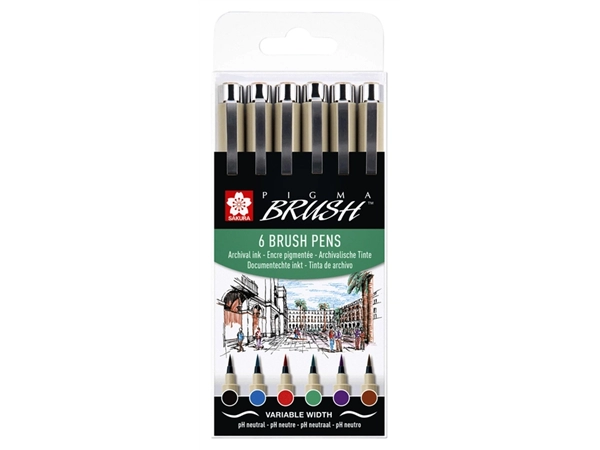 Een Brushpen Sakura Pigma set 6 kleuren koop je bij VHK Kantoorartikelen