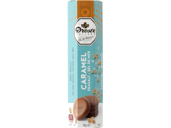 Een Chocolade Droste pastilles melk karamel zeezout 80gr koop je bij VHK Kantoorartikelen