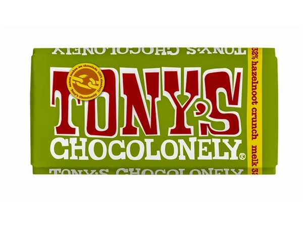 Een Chocolade Tony's Chocolonely melk hazelnoot crunch reep 180gr koop je bij VHK Kantoorartikelen