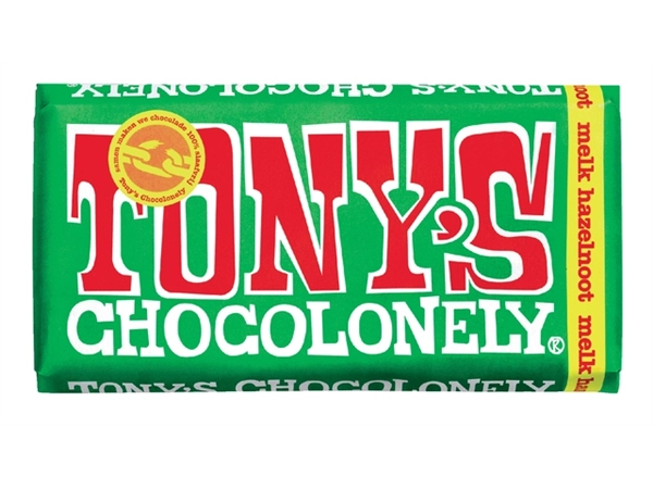 Een Chocolade Tony's Chocolonely melk hazelnoot reep 180gr koop je bij VHK Kantoorartikelen