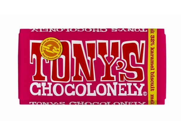 Een Chocolade Tony's Chocolonely melk karamel biscuit reep 180gr koop je bij VHK Kantoorartikelen