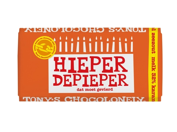 Een Chocolade Tony's Chocolonely melk karamel zeezout hieper de pieper reep 180gr koop je bij VHK Kantoorartikelen