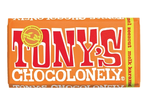 Een Chocolade Tony's Chocolonely melk karamel zeezout reep 180gr koop je bij VHK Kantoorartikelen