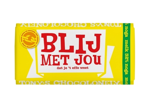 Een Chocolade Tony's Chocolonely melk noga blij met jou reep 180g koop je bij VHK Kantoorartikelen