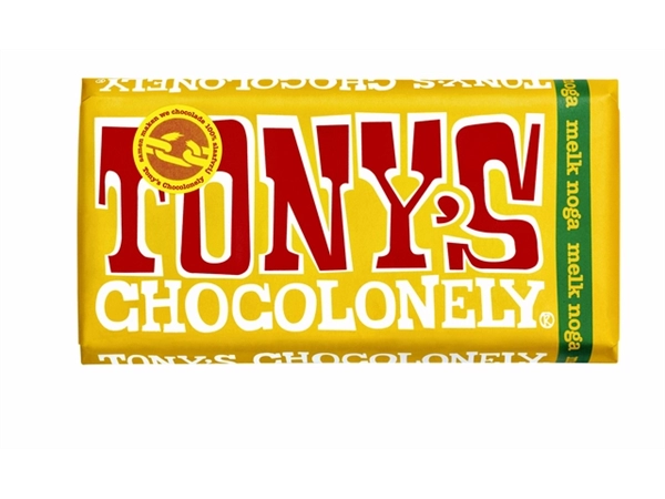 Een Chocolade Tony's Chocolonely melk noga reep 180gr koop je bij VHK Kantoorartikelen