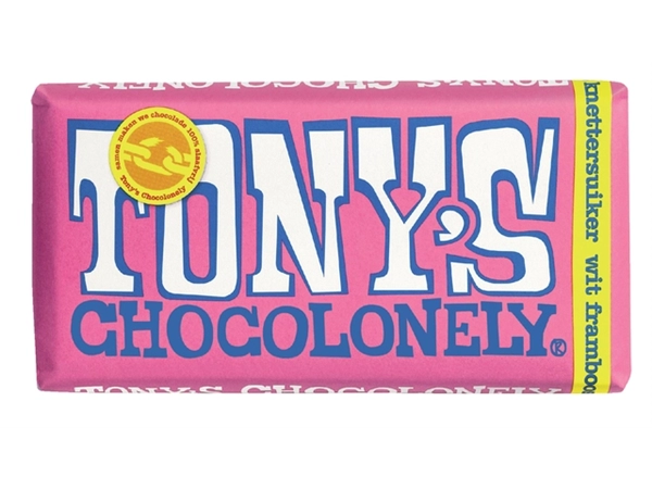 Een Chocolade Tony's Chocolonely wit framboos knettersuiker reep 180gr koop je bij VHK Kantoorartikelen