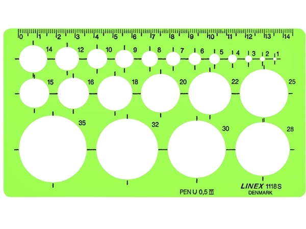 Een Cirkelsjabloon Linex 22 cirkels met inktvoetjes 1-35mm groen koop je bij VHK Kantoorartikelen