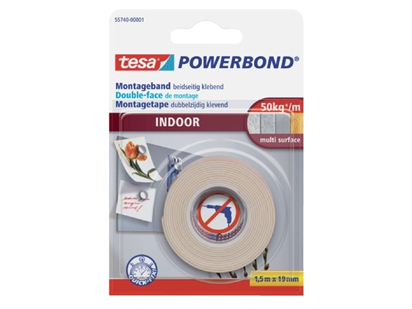 Een Dubbelzijdig montagetape tesa® Powerbond Indoor 1,5mx19mm wit koop je bij VHK Kantoorartikelen