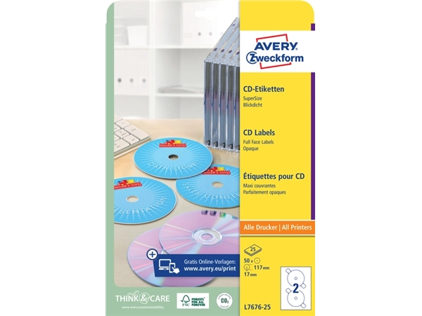 Een Etiket Avery L7676-25 CD full size mat wit 50stuks koop je bij VHK Kantoorartikelen