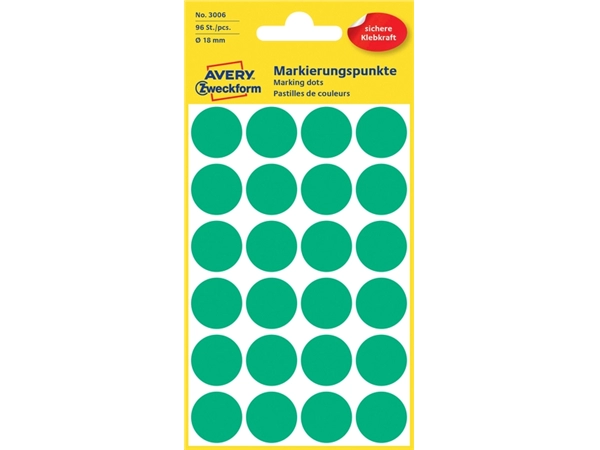 Een Etiket Avery Zweckform 3006 rond 18mm groen 96stuks koop je bij VHK Kantoorartikelen