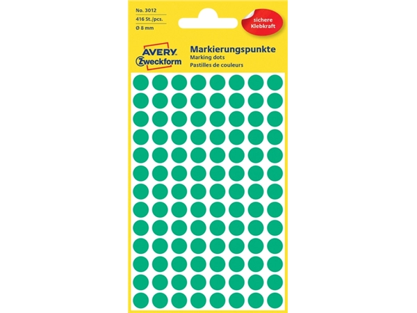 Een Etiket Avery Zweckform 3012 rond 8mm groen 416stuks koop je bij VHK Kantoorartikelen