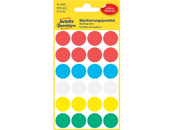 Een Etiket Avery Zweckform 3089 rond 18mm assorti 96stuks koop je bij Hoekmankantoorartikelen.nl