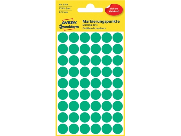 Een Etiket Avery Zweckform 3143 rond 12mm groen 270stuks koop je bij VHK Kantoorartikelen