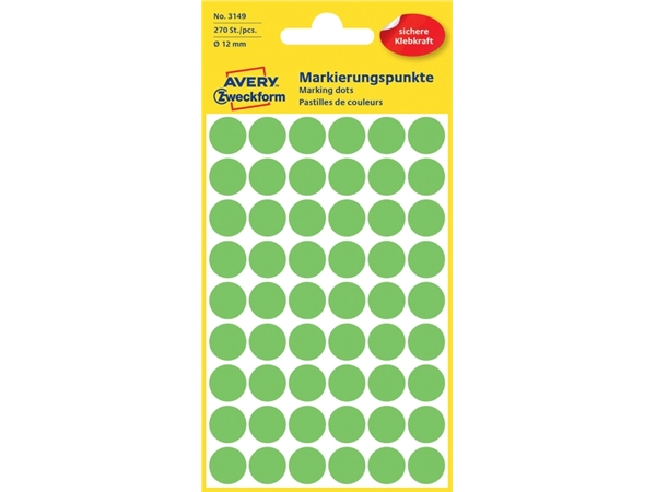 Een Etiket Avery Zweckform 3149 rond 12mm lichtgroen 270stuks koop je bij Hoekmankantoorartikelen.nl