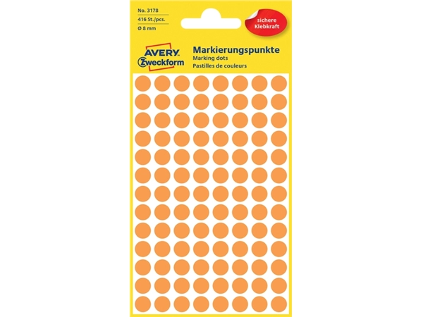 Een Etiket Avery Zweckform 3178 rond 8mm oranje 416stuks koop je bij Hoekmankantoorartikelen.nl