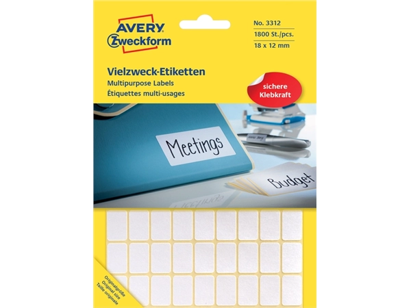 Een Etiket Avery Zweckform 3312 18x12mm wit 1800stuks koop je bij VHK Kantoorartikelen