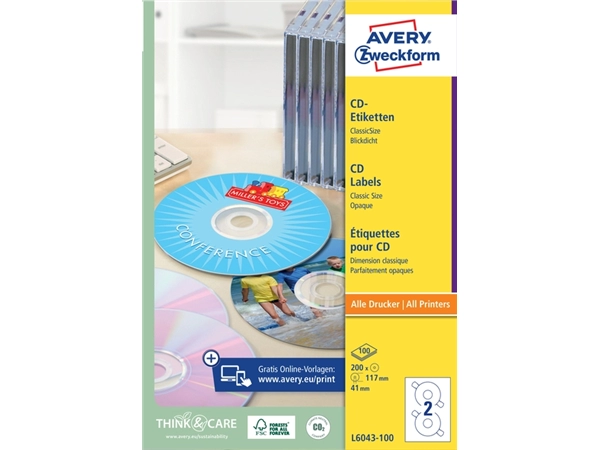 Een Etiket Avery Zweckform L6043-100 CD wit 200stuks koop je bij VHK Kantoorartikelen