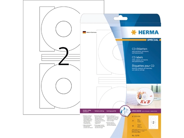 Een Etiket HERMA 5079 CD 116mm wit opaqua 50stuks koop je bij VHK Kantoorartikelen