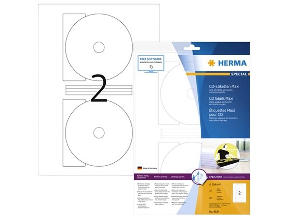 Een Etiket HERMA 8624 CD 116mm wit opaqua 20stuks koop je bij VHK Kantoorartikelen