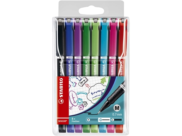 Een Fineliner STABILO Sensor 187/8 medium assorti etui à 8 stuks koop je bij Hoekmankantoorartikelen.nl