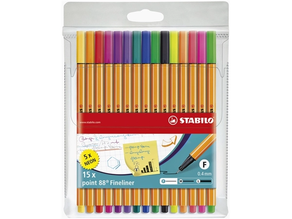 Een Fineliner STABILO point 88/15 fijn assorti etui à 15 stuks koop je bij VHK Kantoorartikelen