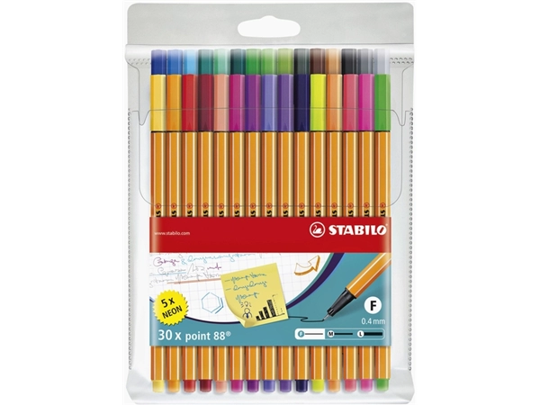 Een Fineliner STABILO point 88/30 fijn assorti etui à 30 stuks koop je bij VHK Kantoorartikelen