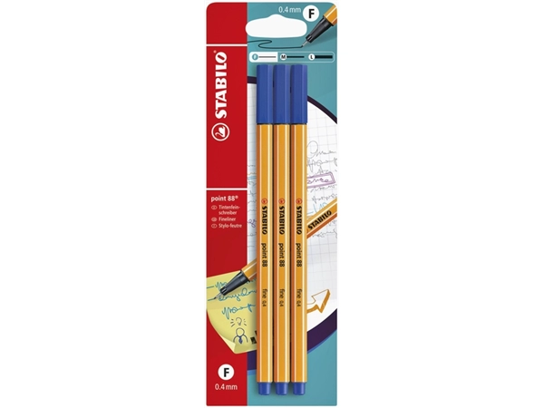 Een Fineliner STABILO point 88 fijn blauw blister à 3 stuks koop je bij VHK Kantoorartikelen