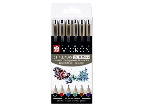 Een Fineliner Sakura Pigma Micron 05 basic set 6 kleuren koop je bij VHK Kantoorartikelen