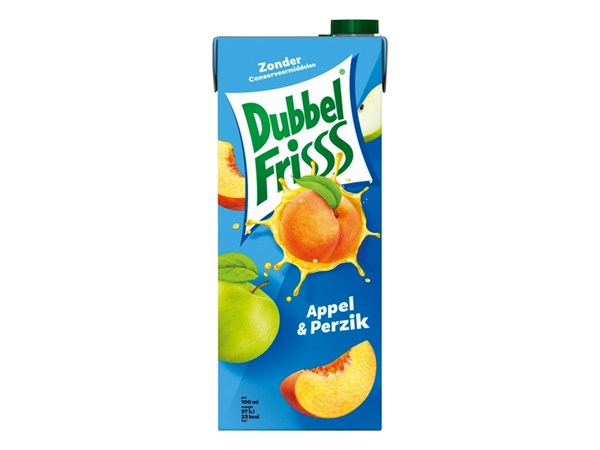 Een Fruitdrank DubbelFrisss appel perzik pak 1500ml koop je bij VHK Kantoorartikelen