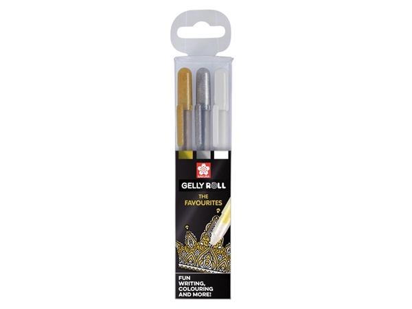 Een Gelpen Sakura Gelly Roll Favourites set 3 kleuren Goud-Zilver-Wit koop je bij VHK Kantoorartikelen