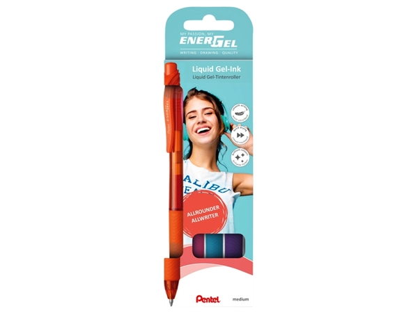 Een Gelschrijver Pentel BL107 Energel-X medium oranje-roze-lblauw-violet blister à 4 stuks koop je bij Hoekmankantoorartikelen.nl