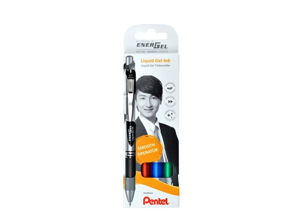 Een Gelschrijver Pentel BL77 Energel medium zwart-rood-blauw-groen blister à 4 stuks koop je bij Hoekmankantoorartikelen.nl