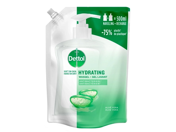 Een Handzeep Dettol Hydrating Aloe Vera antibacterieël 500ml refill koop je bij VHK Kantoorartikelen